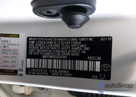 2019 Toyota C-Hr Le из США, поврежденный, VIN NMTKHMBX8KR087809